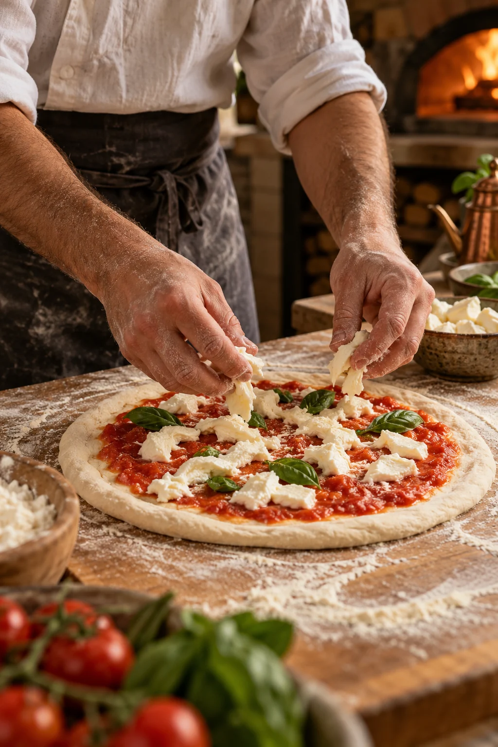 Immagine illustrativa: mani di un pizzaiolo che distribuiscono mozzarella sulla pizza